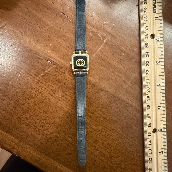 Gucci Gold Tone Square Black Dial Leather Strap Watch - Picture 5 of 6
